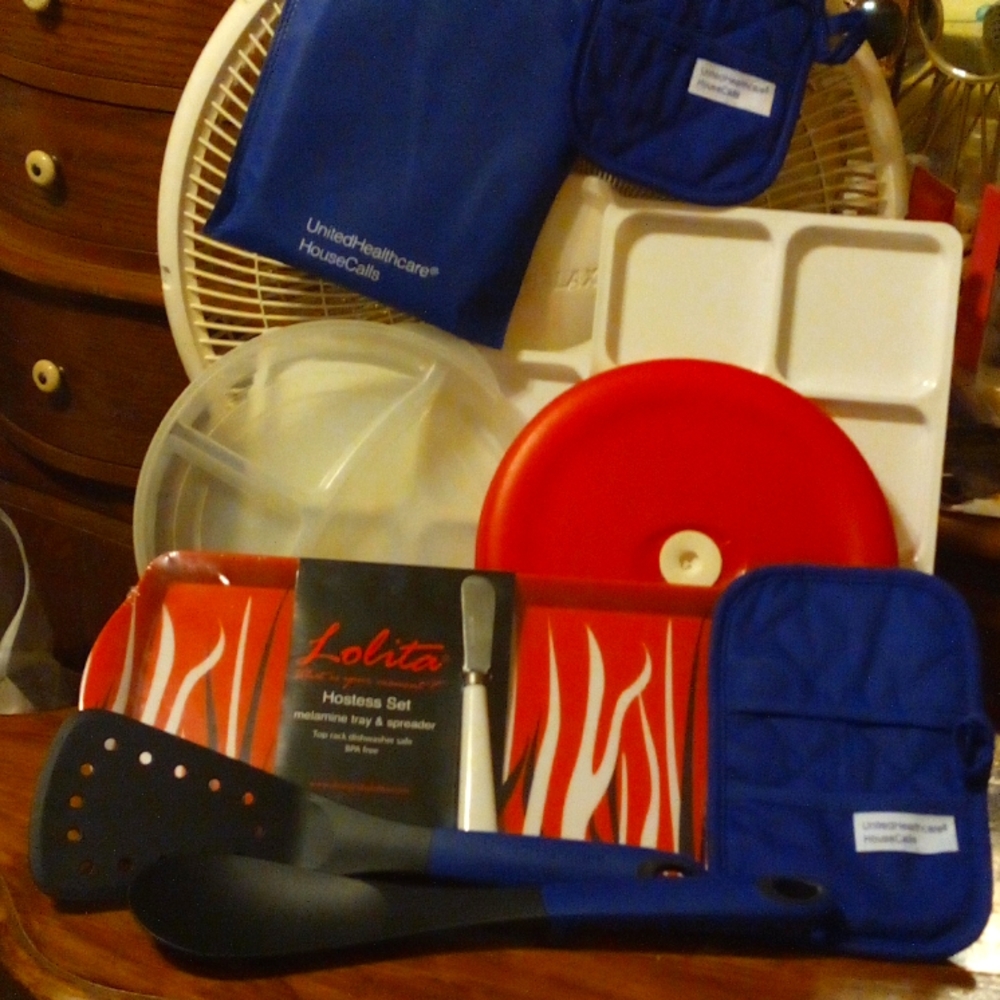 NWOT Bundle of Party Platters, Serving Trays, Utensils, Pot Holders & Storage